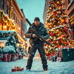 A festive and action-packed Christmas scene inspired by an iconic action movie, featuring a confident hero standing in a winter wonderland