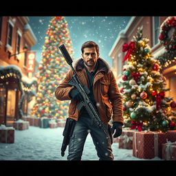 A festive and action-packed Christmas scene inspired by an iconic action movie, featuring a confident hero standing in a winter wonderland