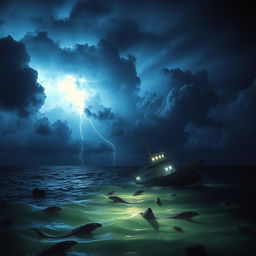 Terrifying image of the Bermuda Triangle during a stormy night, with dark skies filled with ominous clouds and lightning strikes illuminating the ocean