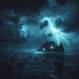 Terrifying image of the Bermuda Triangle during a stormy night, with dark skies filled with ominous clouds and lightning strikes illuminating the ocean