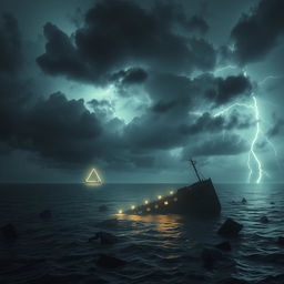 Terrifying image of the Bermuda Triangle during a stormy night, with dark skies filled with ominous clouds and lightning strikes illuminating the ocean