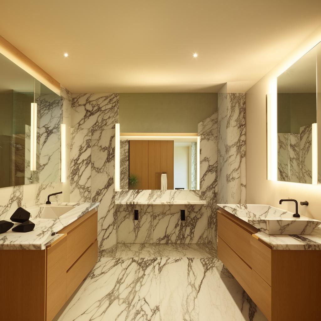 Modern bathroom interior showcasing a large freestanding bathtub, marble tiling, floating vanity with dual sinks, and warm dimmable lighting for a serene atmosphere.