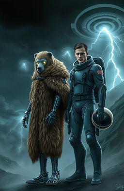 A futuristic scene featuring a cyborg in an intricately designed bearskin cloak, standing confidently next to a space pilot in a sleek, high-tech spacesuit