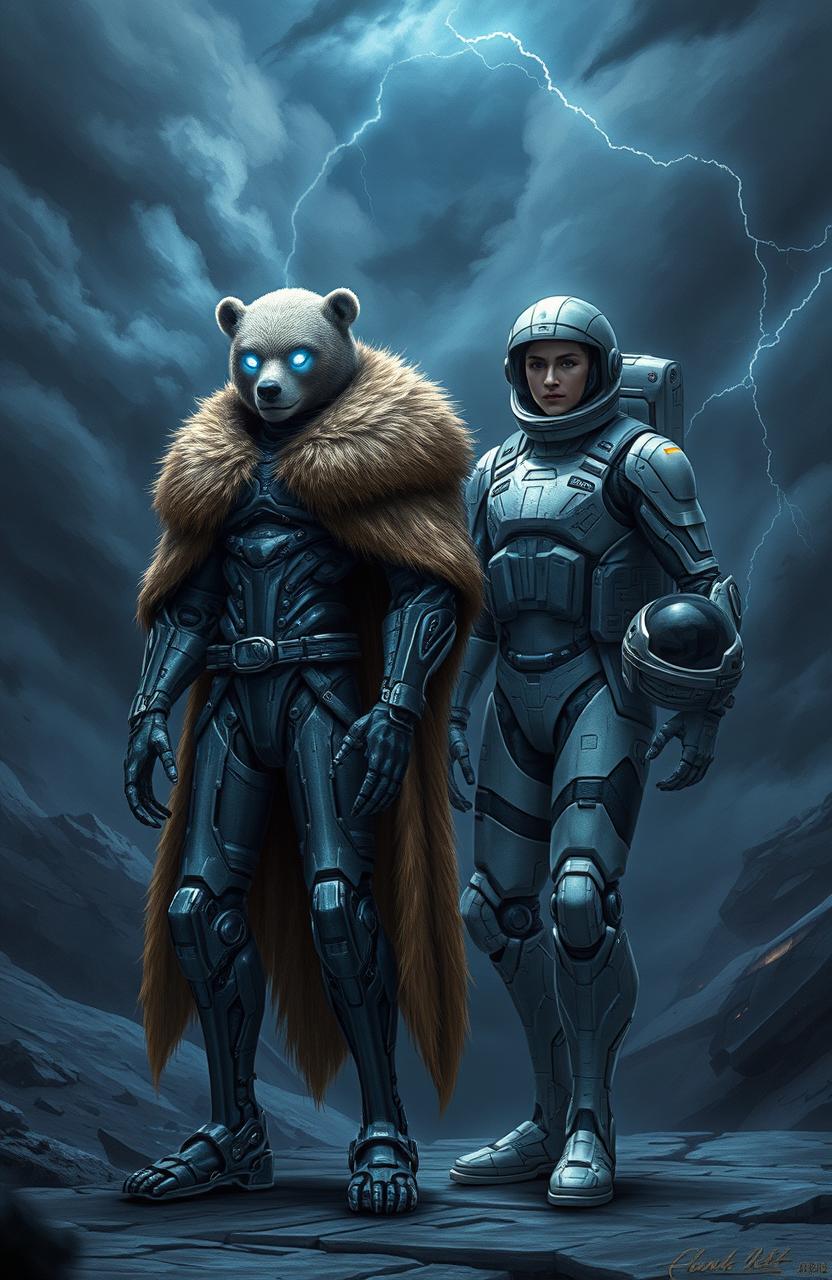 A futuristic scene featuring a cyborg in an intricately designed bearskin cloak, standing confidently next to a space pilot in a sleek, high-tech spacesuit