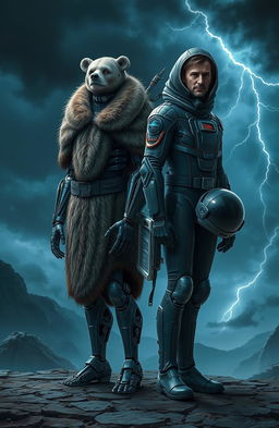 A futuristic scene featuring a cyborg in an intricately designed bearskin cloak, standing confidently next to a space pilot in a sleek, high-tech spacesuit