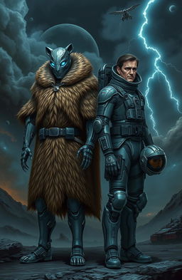 A futuristic scene featuring a cyborg in an intricately designed bearskin cloak, standing confidently next to a space pilot in a sleek, high-tech spacesuit