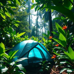 A blue-green camping tent nestled among lush jungle foliage, surrounded by vibrant green leaves and exotic plants