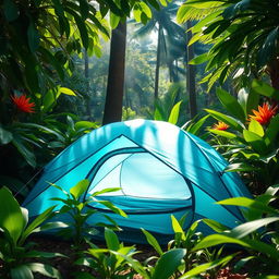 A blue-green camping tent nestled among lush jungle foliage, surrounded by vibrant green leaves and exotic plants