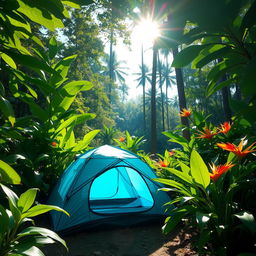A blue-green camping tent nestled among lush jungle foliage, surrounded by vibrant green leaves and exotic plants