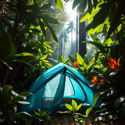 A blue-green camping tent nestled among lush jungle foliage, surrounded by vibrant green leaves and exotic plants