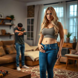 In a warmly decorated apartment, a girlfriend stands with a distressed expression as her boyfriend appears upset