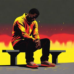 A high-quality digital art piece depicting a heartbroken black man sitting alone on a bench