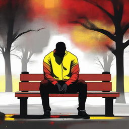 A high-quality digital art piece depicting a heartbroken black man sitting alone on a bench