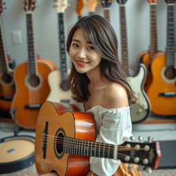 A beautiful Korean woman sits gracefully on a guitar, facing the camera with a soft smile
