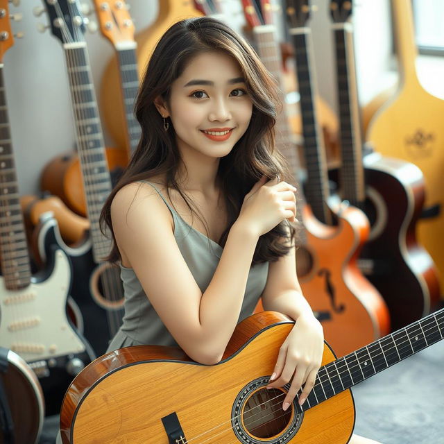 A beautiful Korean woman sits gracefully on a guitar, facing the camera with a soft smile