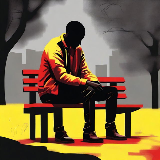 A high-quality digital art piece depicting a heartbroken black man sitting alone on a bench