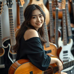 A beautiful Korean woman sits gracefully on a guitar, facing the camera with a soft smile