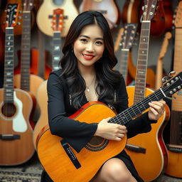 A beautiful Korean woman sits gracefully on a guitar, facing the camera with a soft smile