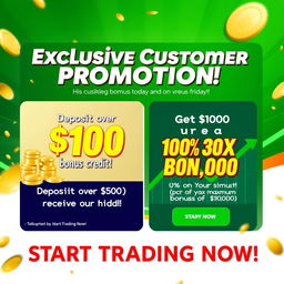 A vibrant and eye-catching promotional banner designed for a trading platform, showcasing the exciting bonuses available for customers when they deposit today and on Friday