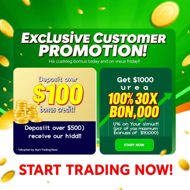 A vibrant and eye-catching promotional banner designed for a trading platform, showcasing the exciting bonuses available for customers when they deposit today and on Friday