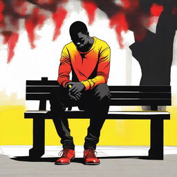 A high-quality digital art piece depicting a heartbroken black man sitting alone on a bench