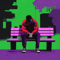 An evocative digital art piece depicting a heartbroken black man sitting alone on a bench