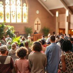 A serene and inspiring church setting that embodies spiritual leadership and practicality, featuring a beautiful sanctuary with stained glass windows, an inviting pulpit, and congregation members engaged in prayer and fellowship