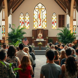 A serene and inspiring church setting that embodies spiritual leadership and practicality, featuring a beautiful sanctuary with stained glass windows, an inviting pulpit, and congregation members engaged in prayer and fellowship