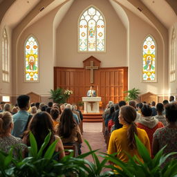 A serene and inspiring church setting that embodies spiritual leadership and practicality, featuring a beautiful sanctuary with stained glass windows, an inviting pulpit, and congregation members engaged in prayer and fellowship
