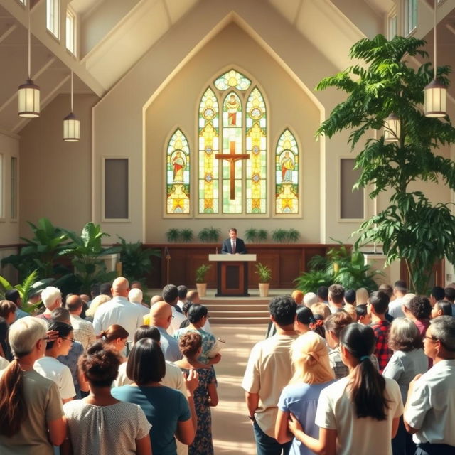 A serene and inspiring church setting that embodies spiritual leadership and practicality, featuring a beautiful sanctuary with stained glass windows, an inviting pulpit, and congregation members engaged in prayer and fellowship