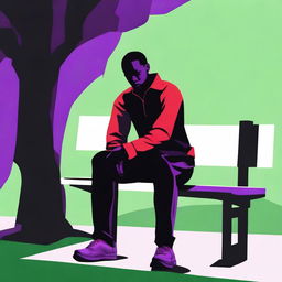 An evocative digital art piece depicting a heartbroken black man sitting alone on a bench