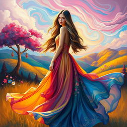 A beautiful woman with long flowing hair standing in an elegant pose, dressed in a flowing, colorful gown that billows around her