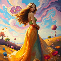 A beautiful woman with long flowing hair standing in an elegant pose, dressed in a flowing, colorful gown that billows around her