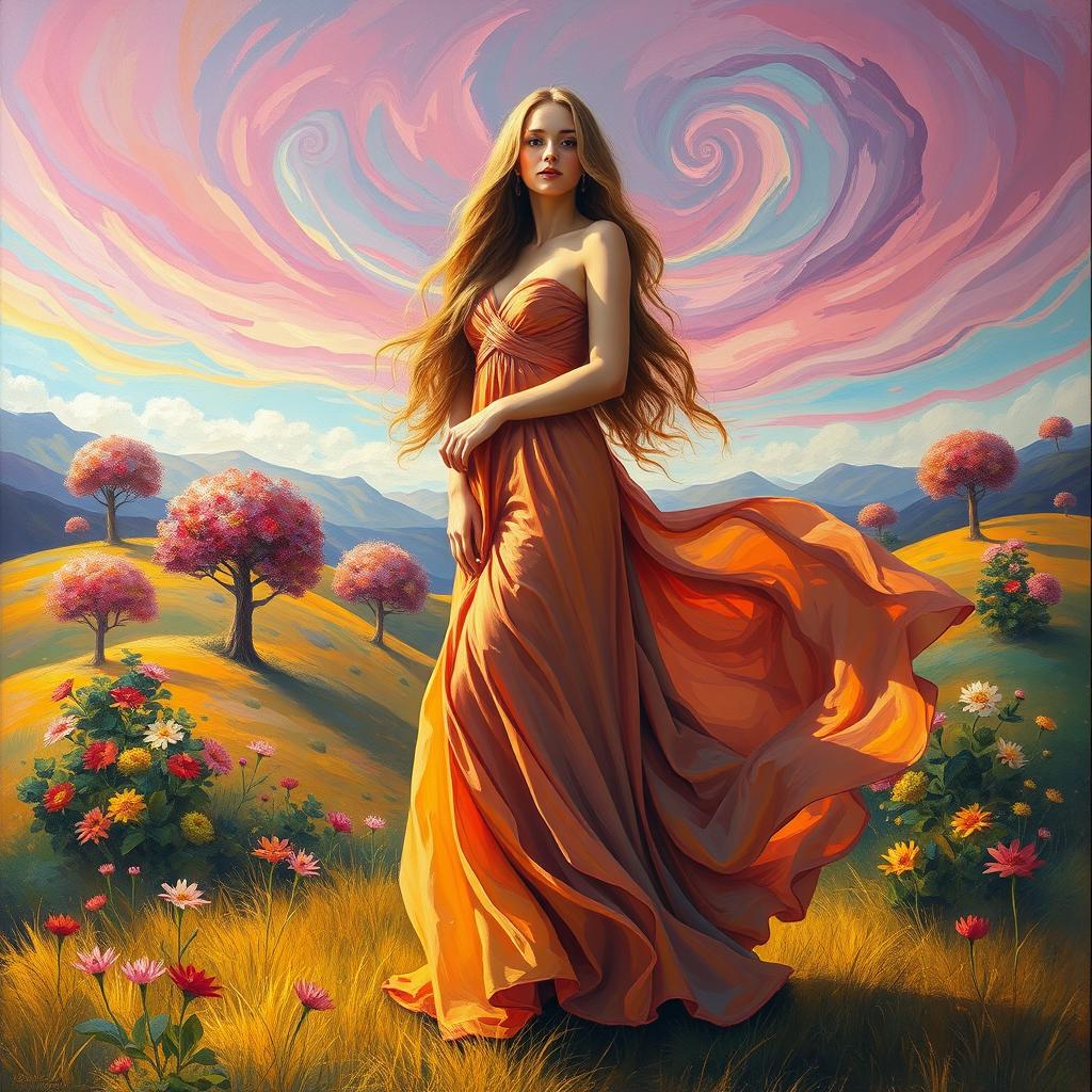 A beautiful woman with long flowing hair standing in an elegant pose, dressed in a flowing, colorful gown that billows around her