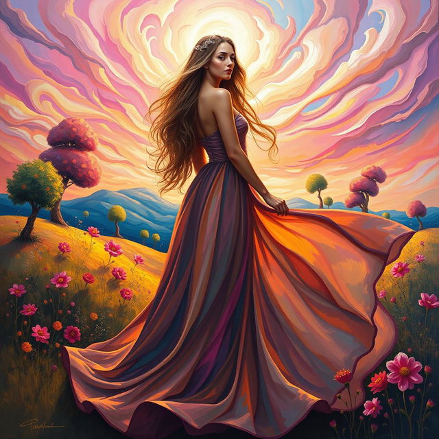 A beautiful woman with long flowing hair standing in an elegant pose, dressed in a flowing, colorful gown that billows around her