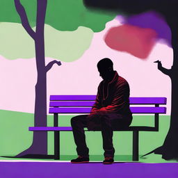 An evocative digital art piece depicting a heartbroken black man sitting alone on a bench