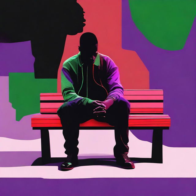 An evocative digital art piece depicting a heartbroken black man sitting alone on a bench