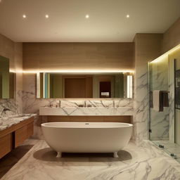 Modern bathroom interior showcasing a large freestanding bathtub, marble tiling, floating vanity with dual sinks, and warm dimmable lighting for a serene atmosphere.