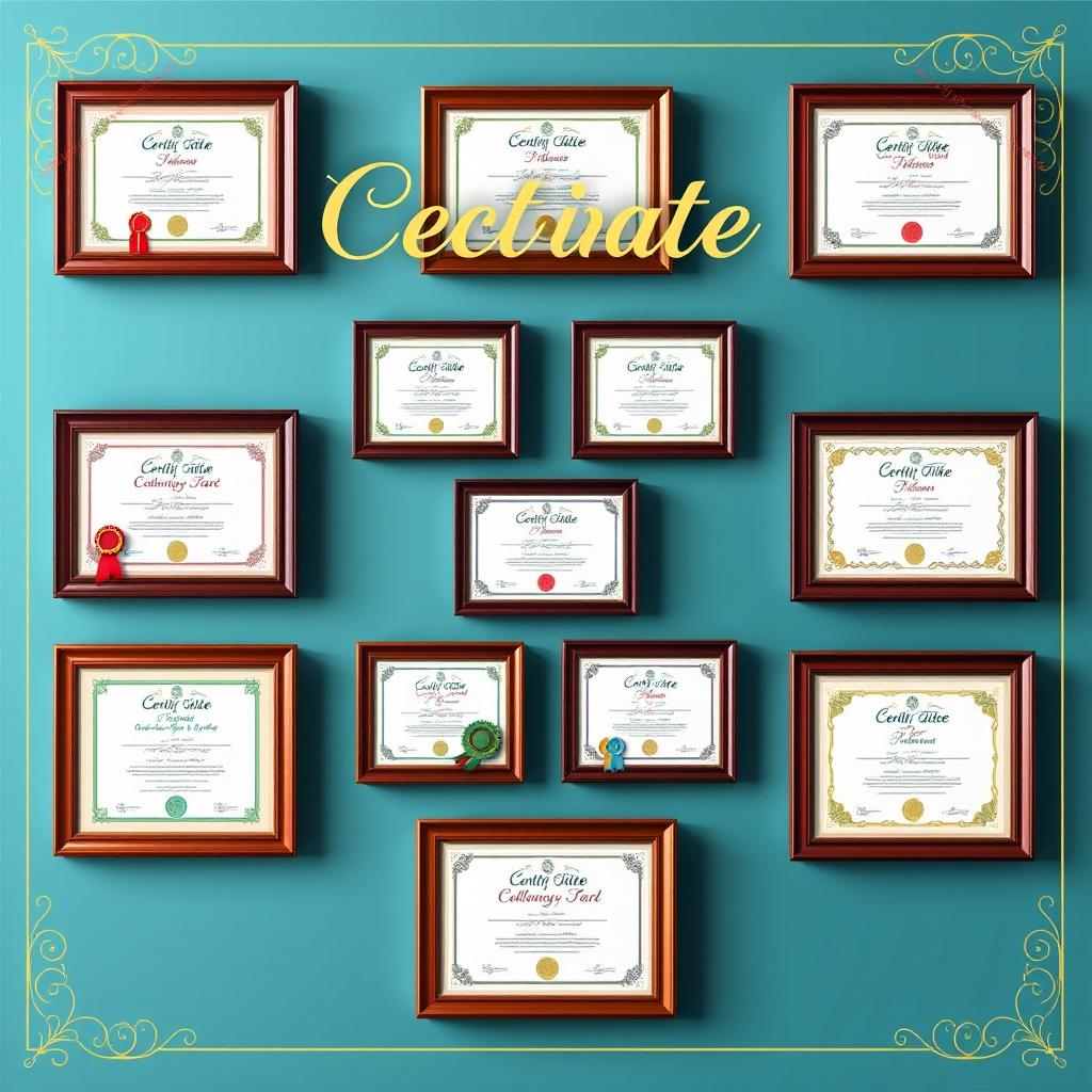 A beautifully designed poster that showcases nine distinct certificate pictures arranged in an aesthetically pleasing layout