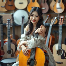 A beautiful Korean woman sitting gracefully atop a large guitar, facing the camera with a soft smile