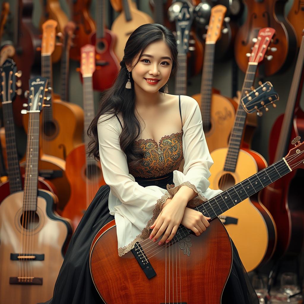 A beautiful Korean woman sitting gracefully atop a large guitar, facing the camera with a soft smile