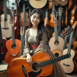 A beautiful Korean woman sitting gracefully atop a large guitar, facing the camera with a soft smile