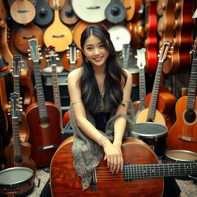 A beautiful Korean woman sitting gracefully atop a large guitar, facing the camera with a soft smile