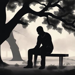 A high-quality digital art depiction of a heartbroken black man sitting on a bench in a park