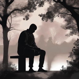 A high-quality digital art depiction of a heartbroken black man sitting on a bench in a park