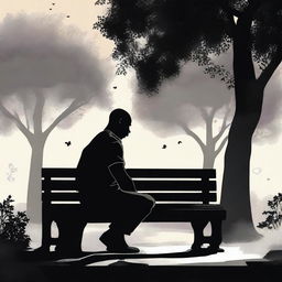 A high-quality digital art depiction of a heartbroken black man sitting on a bench in a park