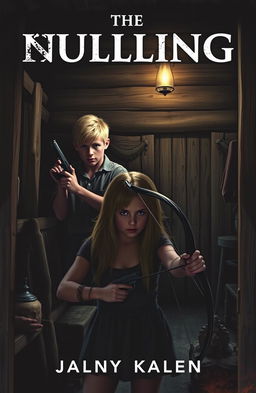 A chilling horror book cover featuring a light blonde boy, a dark blonde boy, and a dark blonde girl inside a rustic, dimly lit cabin