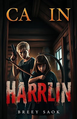 A chilling horror book cover featuring a light blonde boy, a dark blonde boy, and a dark blonde girl inside a rustic, dimly lit cabin