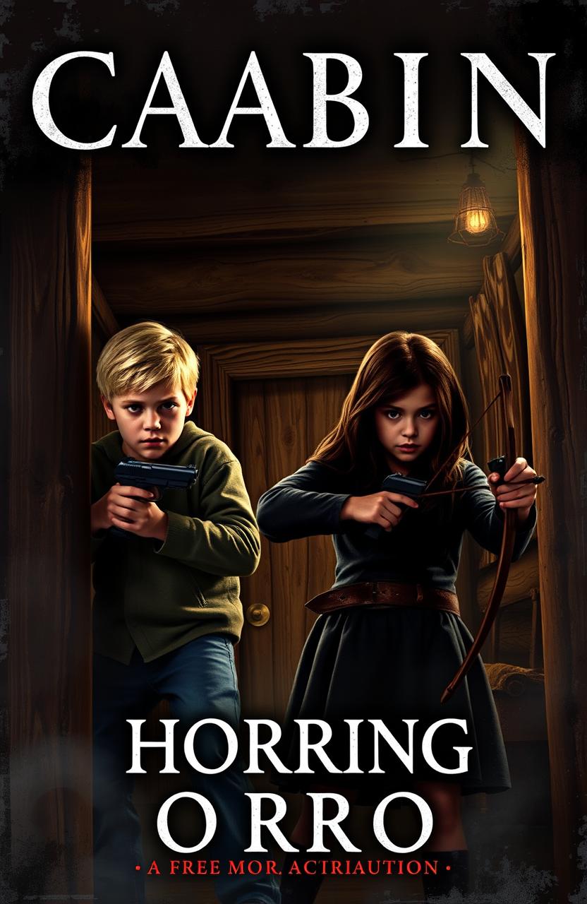 A chilling horror book cover featuring a light blonde boy, a dark blonde boy, and a dark blonde girl inside a rustic, dimly lit cabin