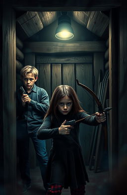 A chilling horror book cover featuring a light blonde boy, a dark blonde boy, and a dark blonde girl inside a rustic, dimly lit cabin